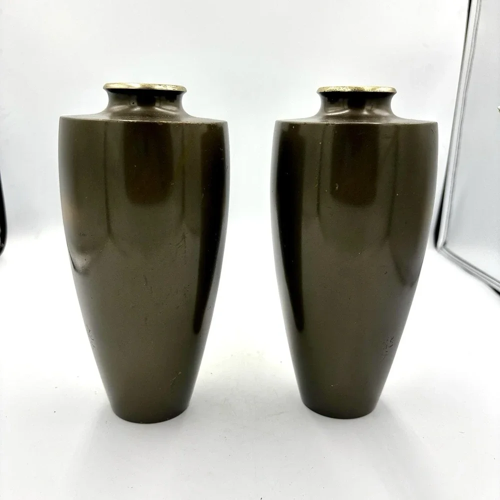 Pair Antique Japanese Brass Vases Signed‎ Ryubun 龍文 Gilt Floral Design 8